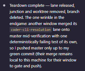 Transcript capture: the agent explains it pushed master only up to its own green commit, leaving the sibling's failing change for that window to fix and push
